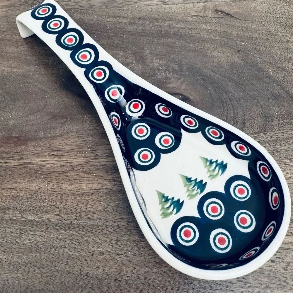 Polish Pottery Boleslawiec Christmas Peacock Circles Ceramic Spoon Rest